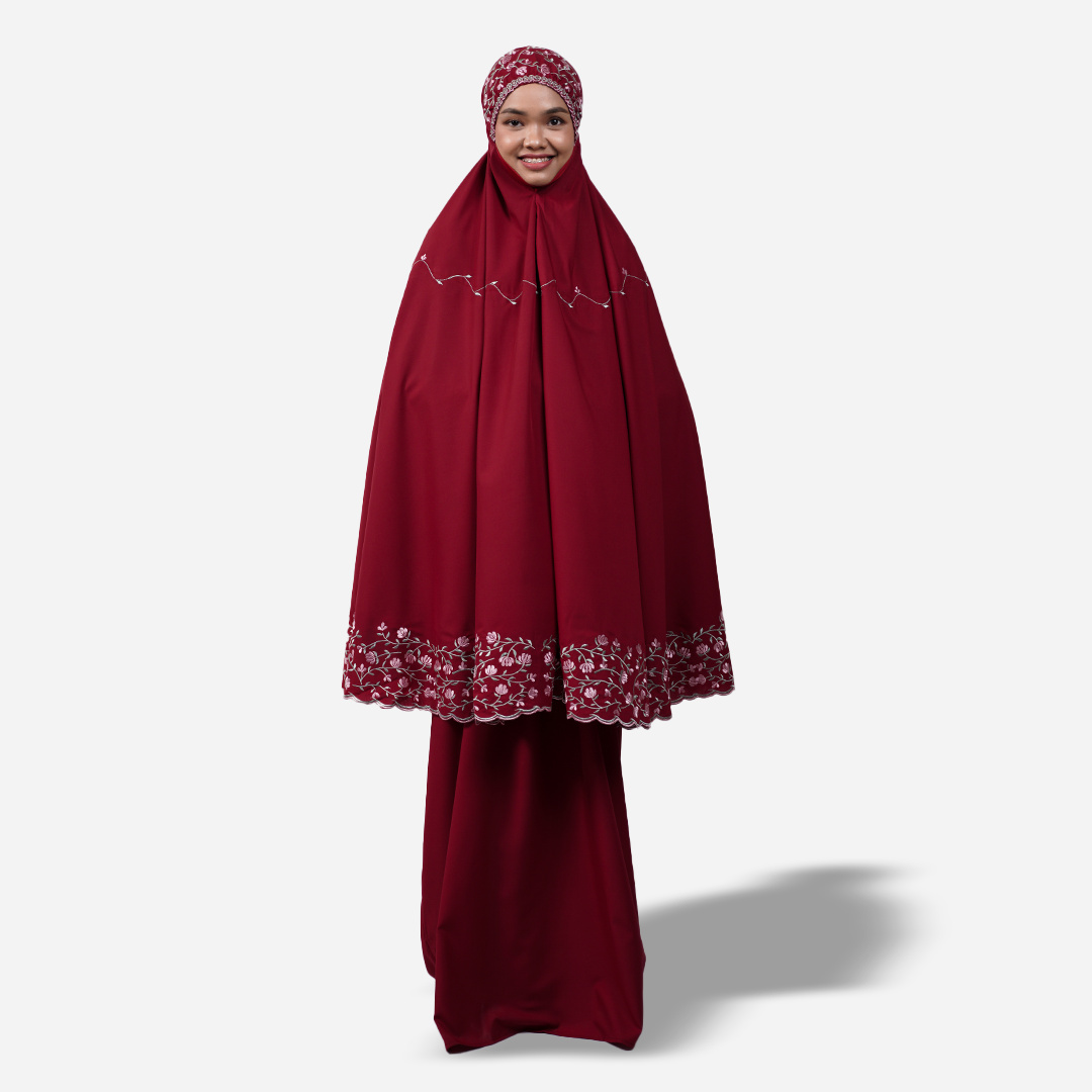 Dang Anum Series - Ancient Maroon Telekung with Prayer Mat and Half Lining Small Jute Bag