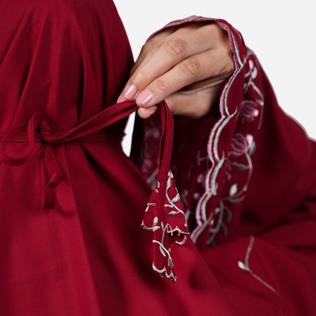 Dang Anum Series - Ancient Maroon Telekung with Prayer Mat and Half Lining Small Jute Bag