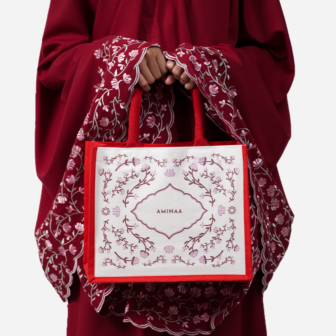Dang Anum Series - Ancient Maroon Telekung with Prayer Mat and Half Lining Small Jute Bag