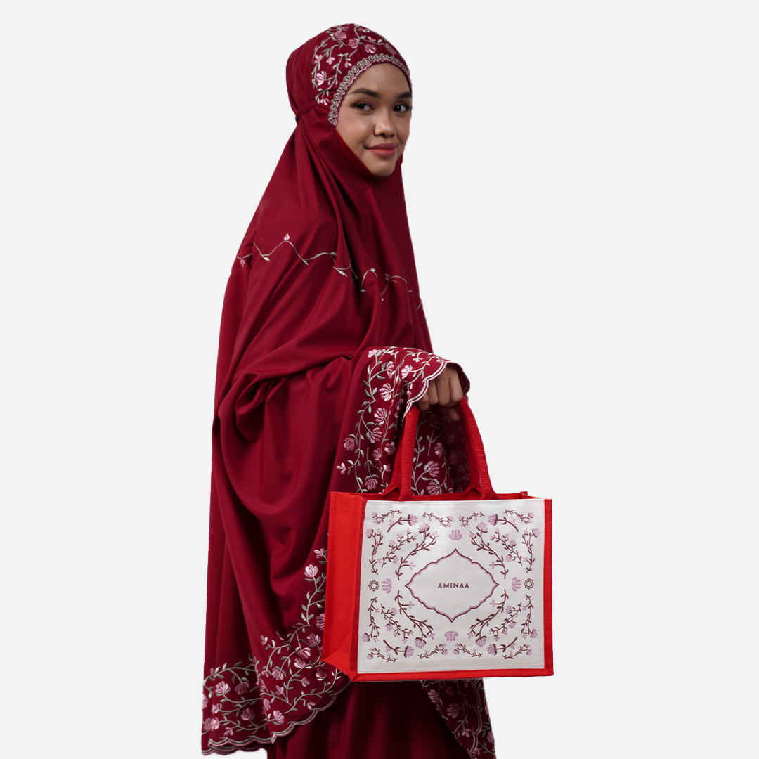 Dang Anum Series - Ancient Maroon Telekung with Prayer Mat and Half Lining Small Jute Bag