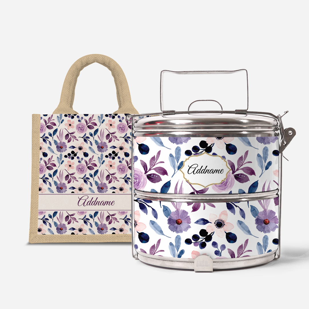 Laura Series - Violet - Lunch Tote Bag with Two-Tier Tiffin Carrier