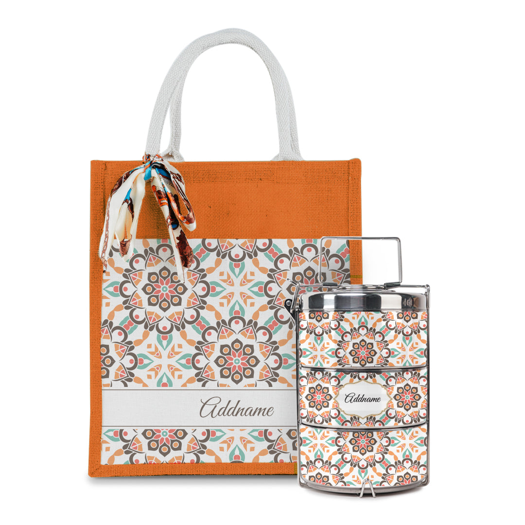 Arabesque Geo Brown Colourful Jute Bag with Tiffin Carrier Set