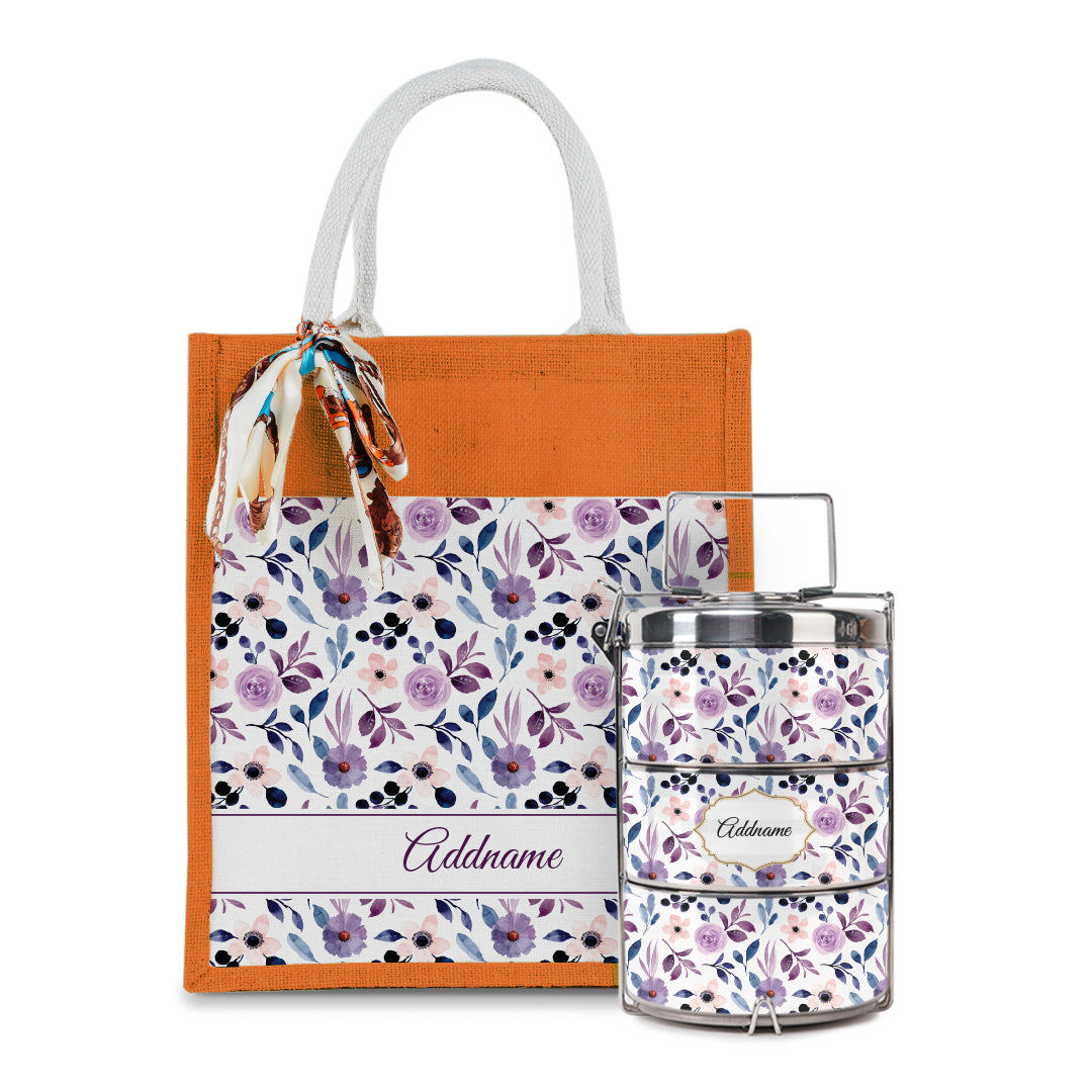 Laura Series - Violet Colorful Jute Bag with Front Pocket with Tiffin Carrier Set