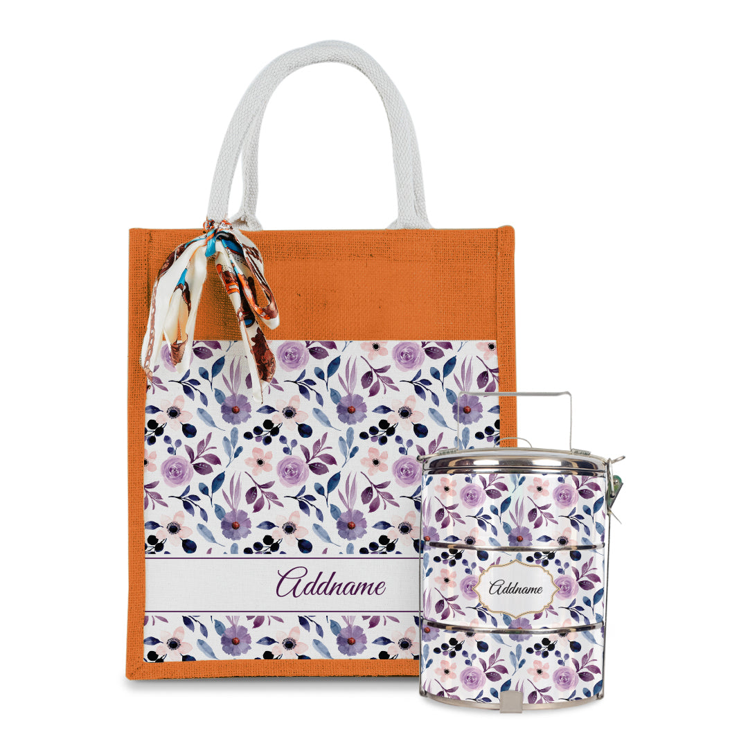 Laura Series - Violet Colorful Jute Bag with Front Pocket with Tiffin Carrier Set