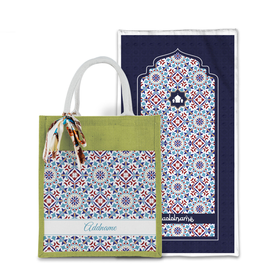 Arabesque Agean Blue Sejadah with Matching Colourful Jute Bag