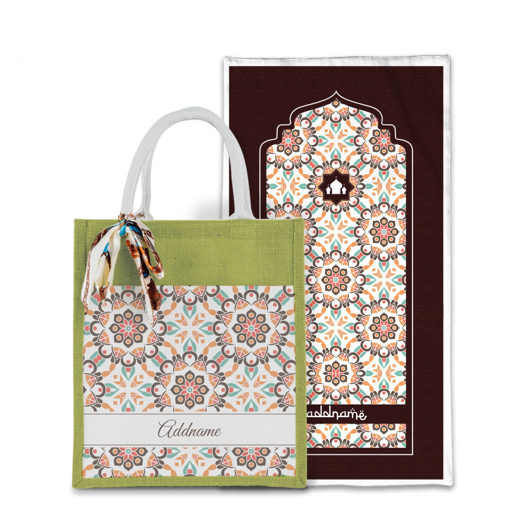 Arabesque Geo Brown Sejadah with Matching Colourful Jute Bag