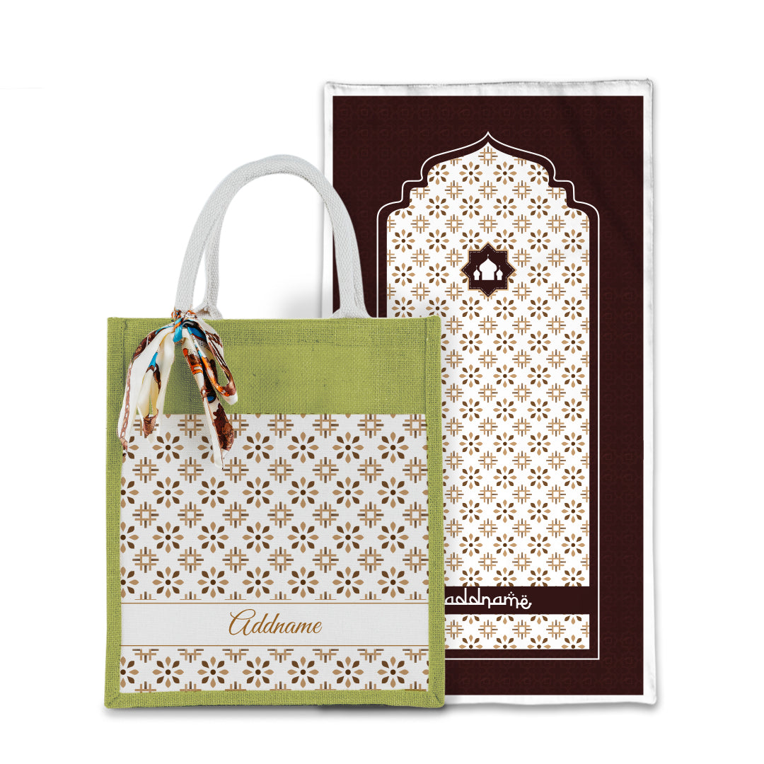 Arabesque Tawny Brown Sejadah with Matching Colourful Jute Bag