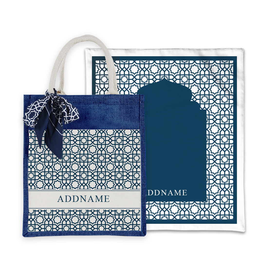 Annas Series - Prussian Blue Prayer Mat with Matching Colourful Jute Bag