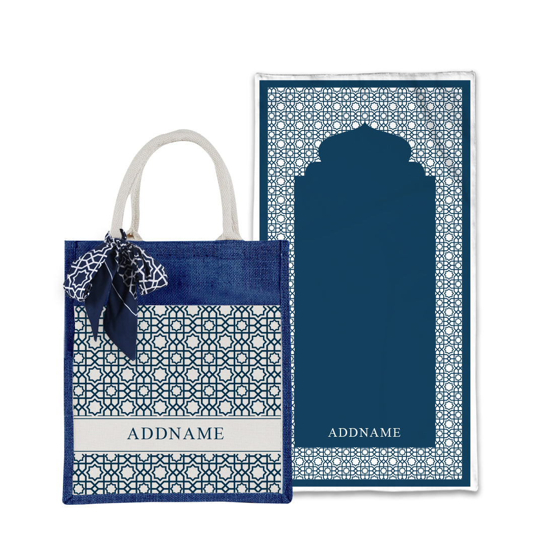 Annas Series - Prussian Blue Prayer Mat with Matching Colourful Jute Bag