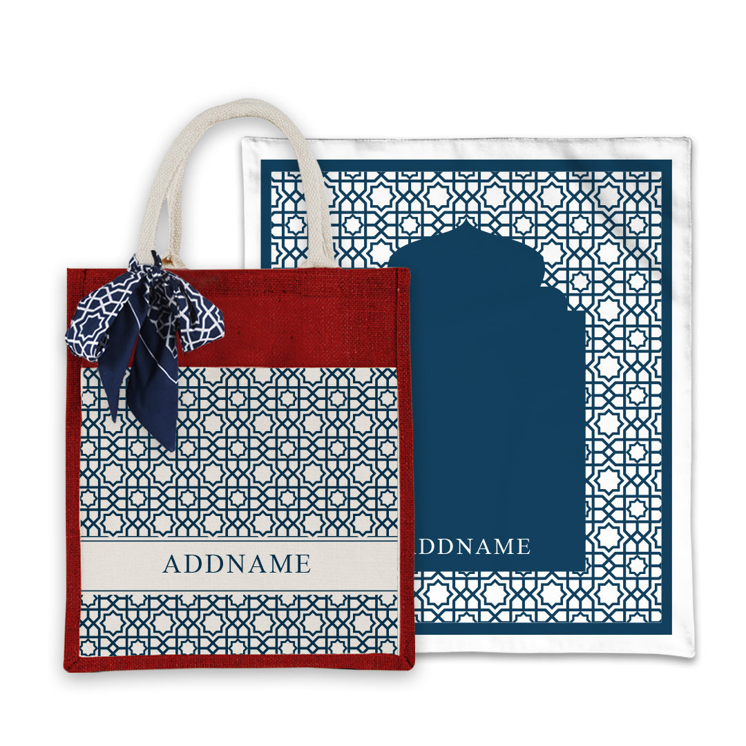 Annas Series - Prussian Blue Prayer Mat with Matching Colourful Jute Bag