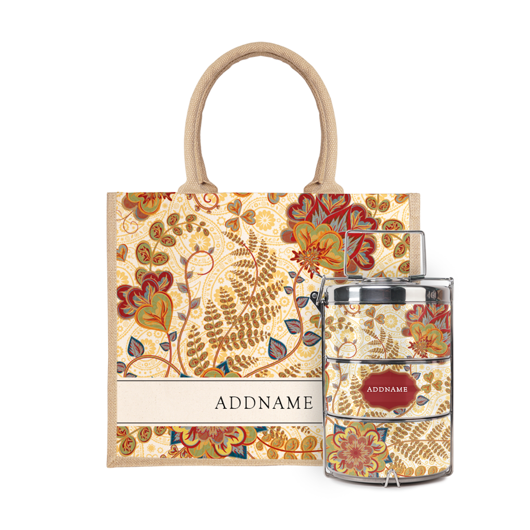 Batik Series - Mawar Tiffin Carrier with Half Lining Jute Bag