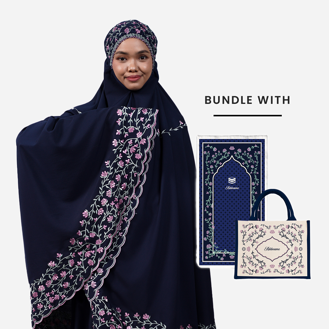 Dang Anum Series - Ancient Navy Blue Telekung with Prayer Mat and Half Lining Small Jute Bag