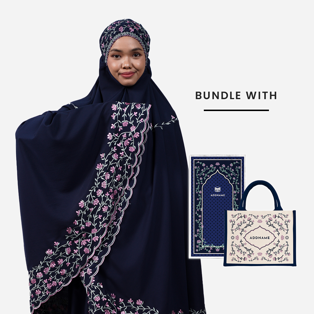 Dang Anum Series - Ancient Navy Blue Telekung with Prayer Mat and Half Lining Small Jute Bag