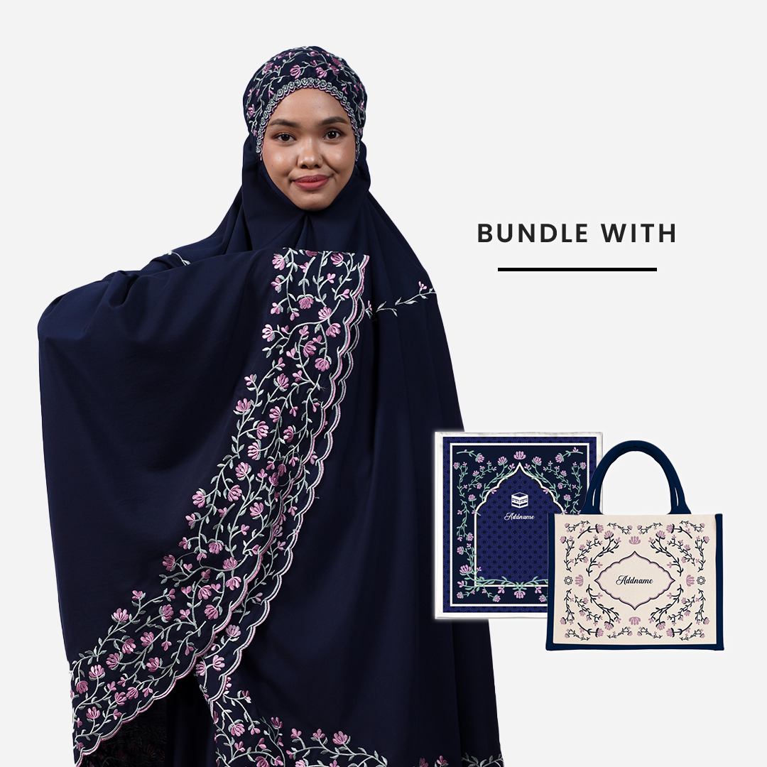 Dang Anum Series - Ancient Navy Blue Telekung with Prayer Mat and Half Lining Small Jute Bag