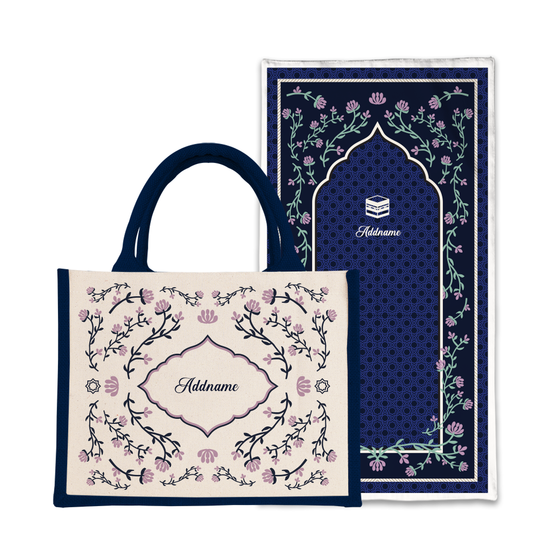 Dang Anum Series - Ancient Navy Blue Prayer Mat with Half Lining Small Jute Bag
