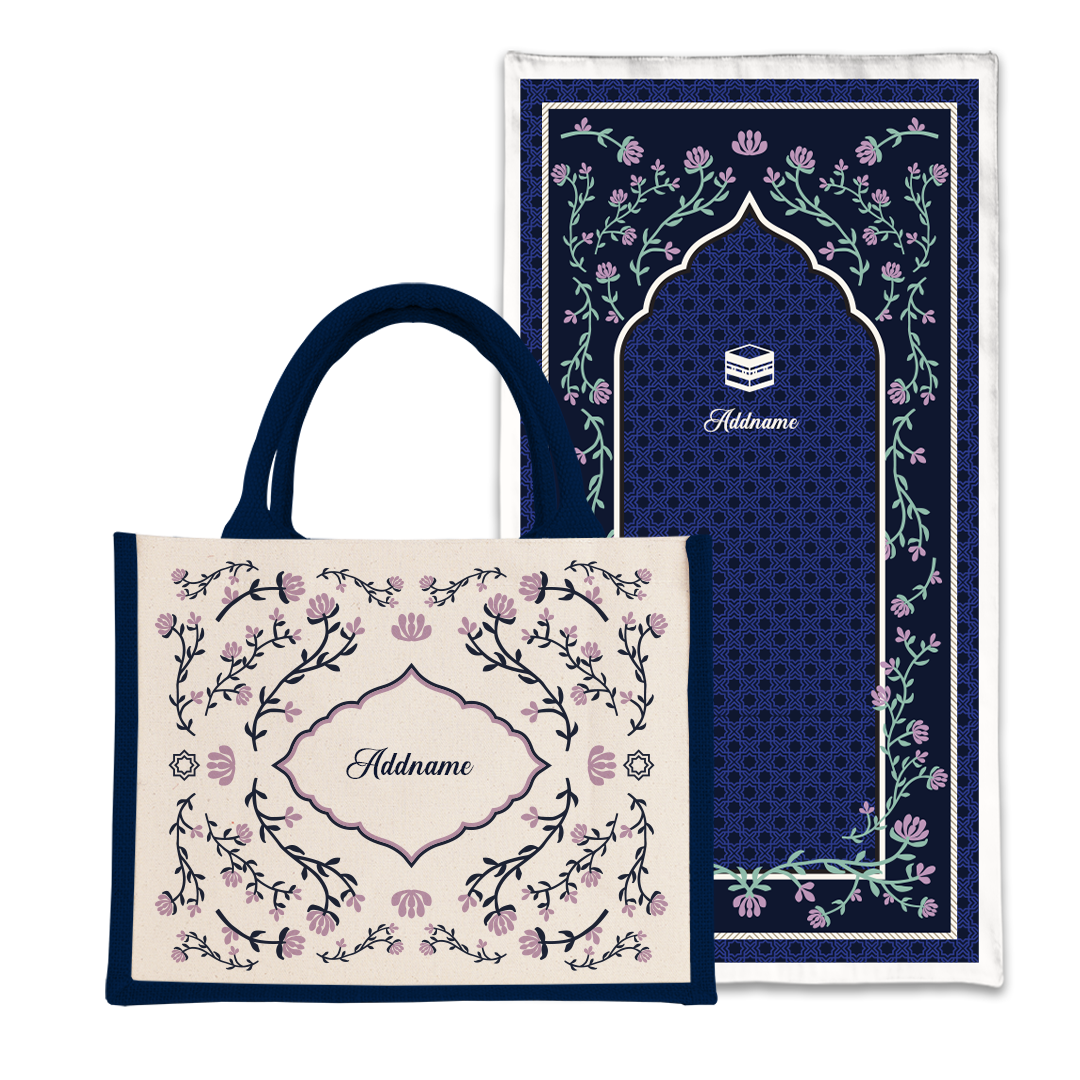 Dang Anum Series - Ancient Navy Blue Prayer Mat with Half Lining Small Jute Bag