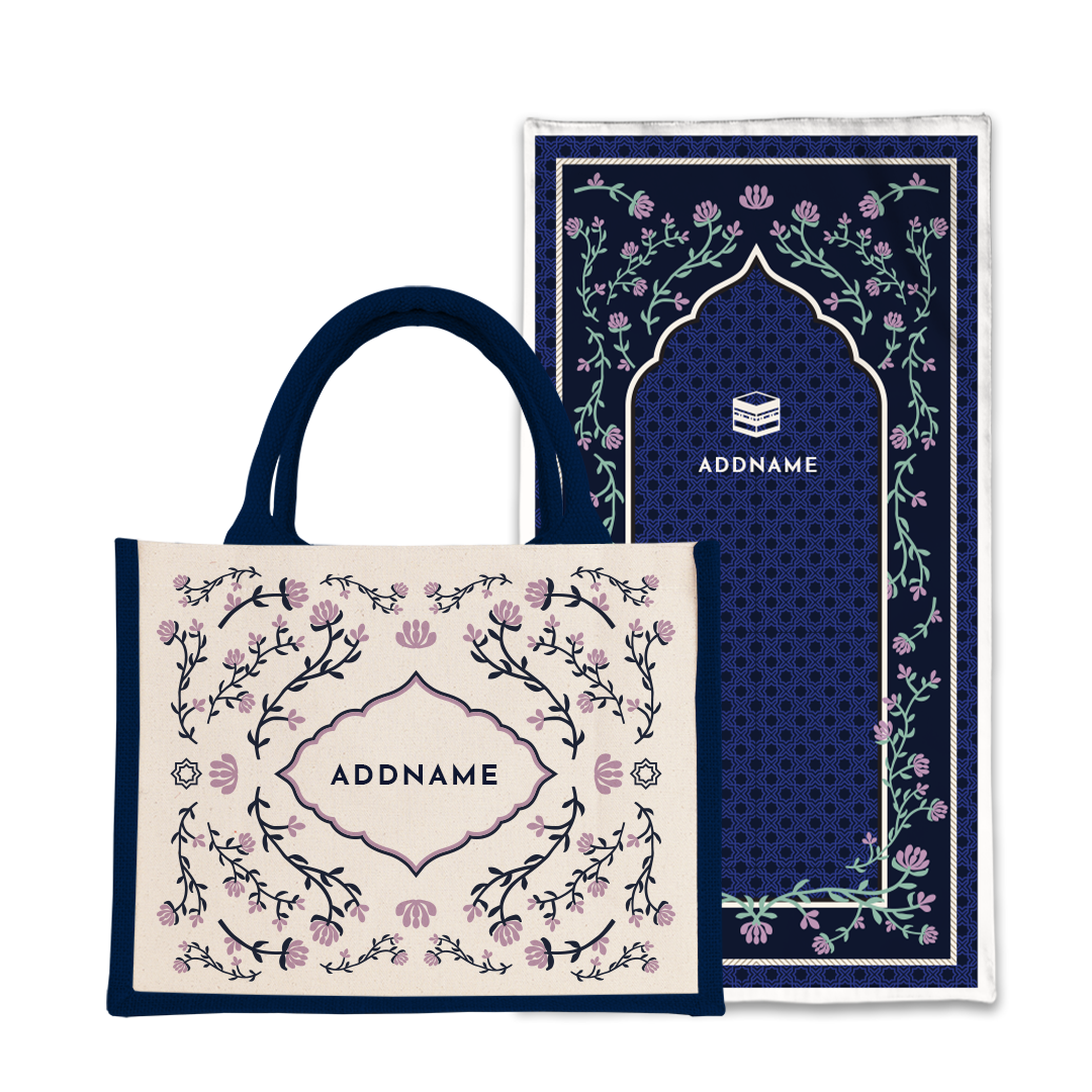 Dang Anum Series - Ancient Navy Blue Prayer Mat with Half Lining Small Jute Bag