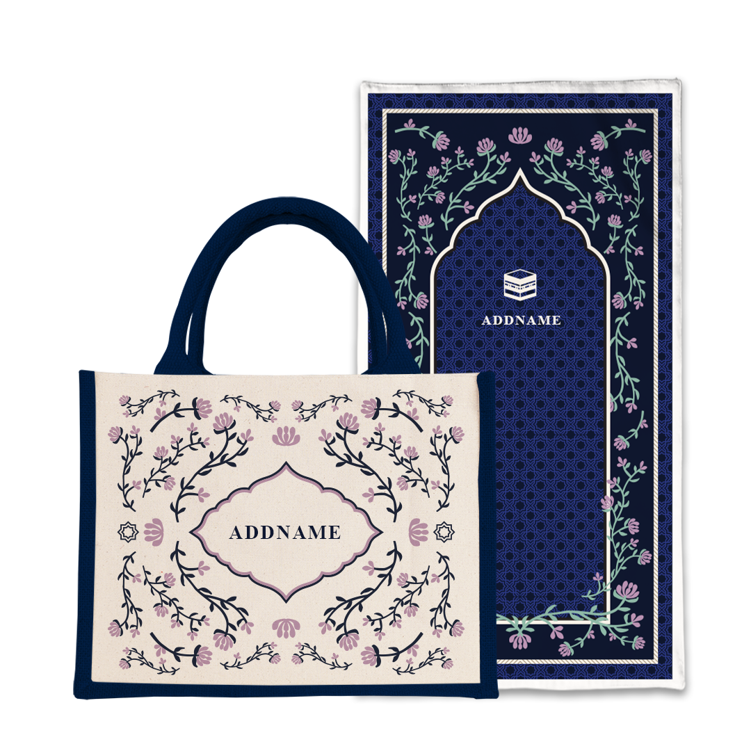 Dang Anum Series - Ancient Navy Blue Prayer Mat with Half Lining Small Jute Bag