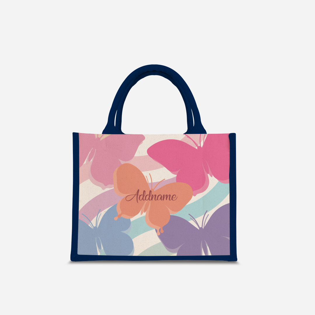 Butterfly Series Half Lining Small Jute Bag - Pink Navy