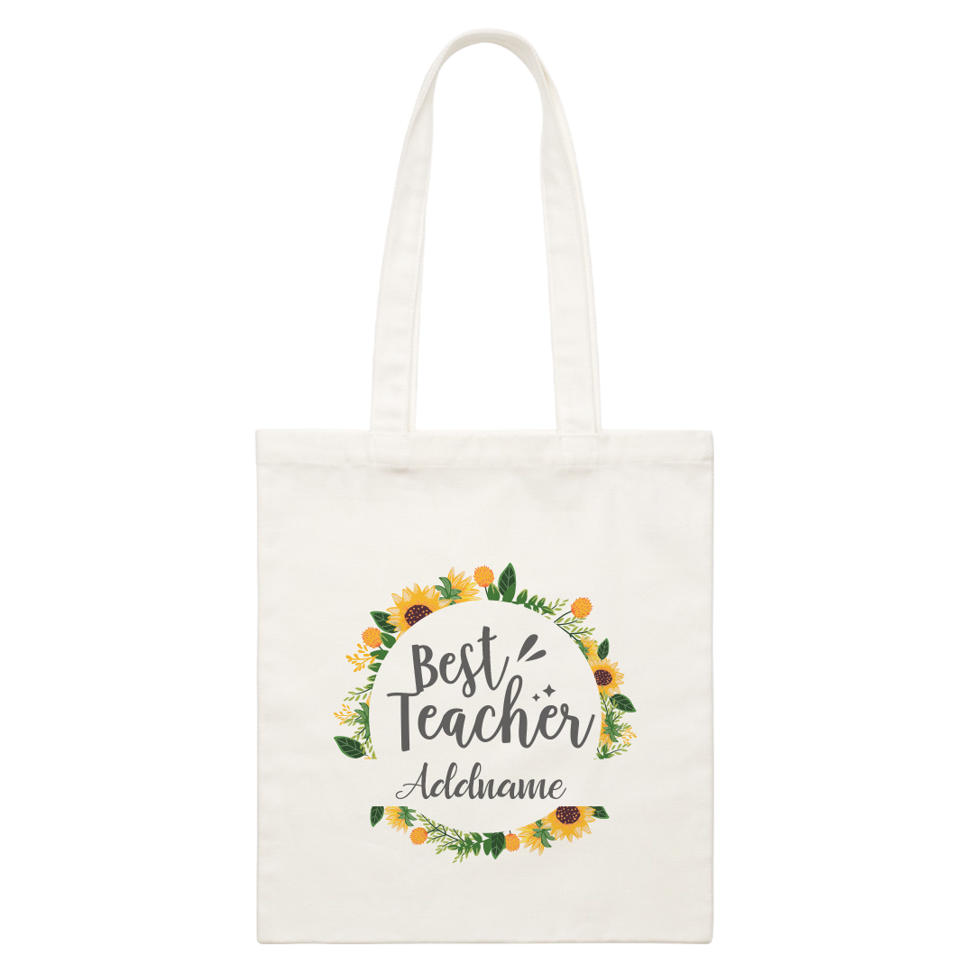 Best Teacher With Sunflower Emblem White Canvas Bag