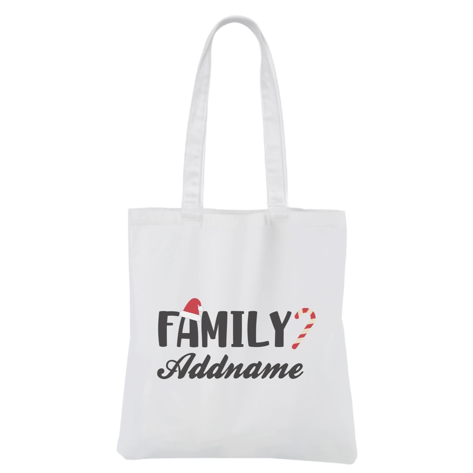 Christmas Series Family Addname with Santa Hat and Candy Cane White Canvas Bag
