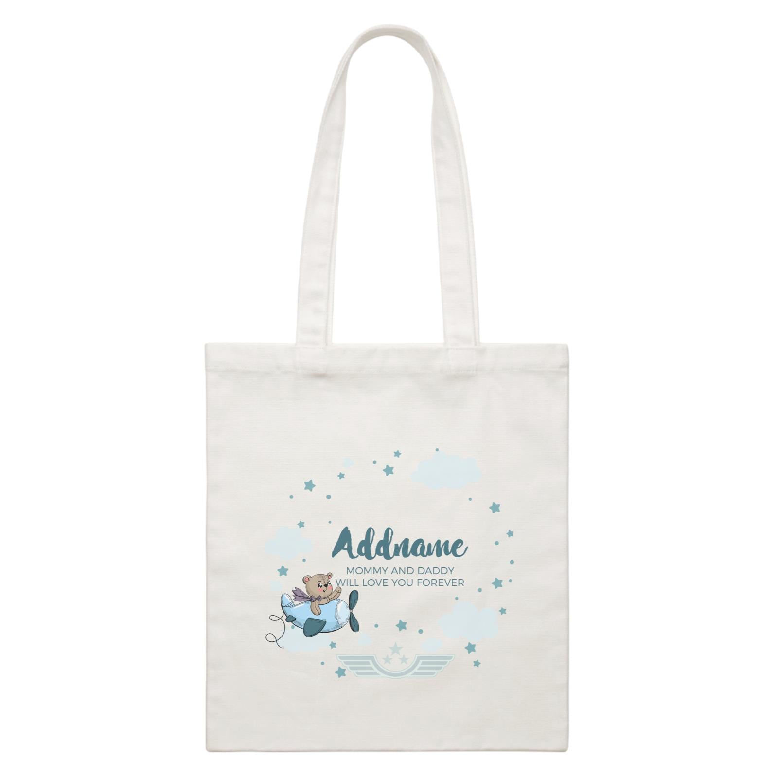 Cute Bear Pilot in Blue Plane Clouds and Stars Element Personalizable with Name and Text White Canvas Bag