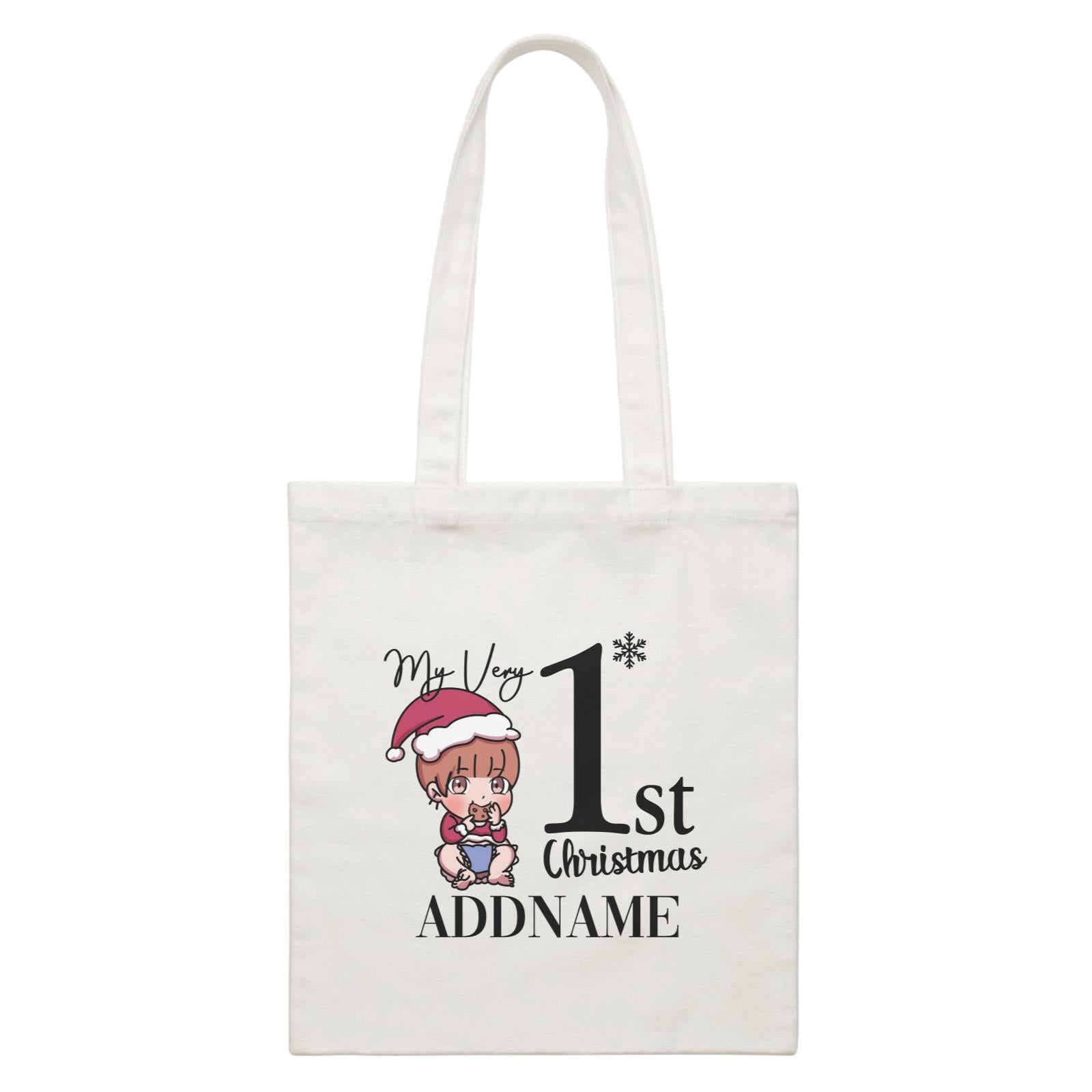 Xmas Christmas Chibi Family My Very 1st Christmas Baby Girl Eating Cookie White Canvas Bag