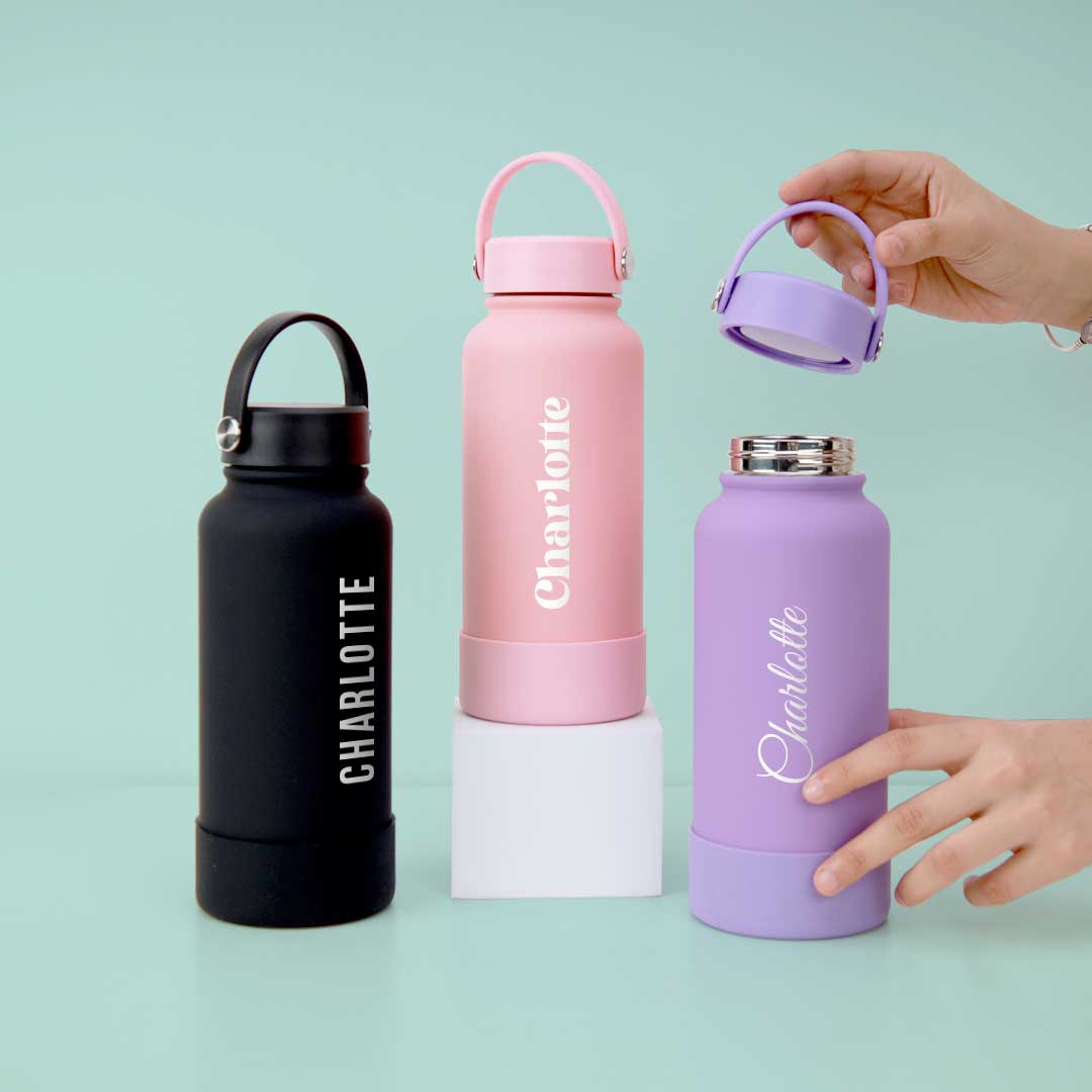 Navy Omi Thermos Bottle - Vertical Font