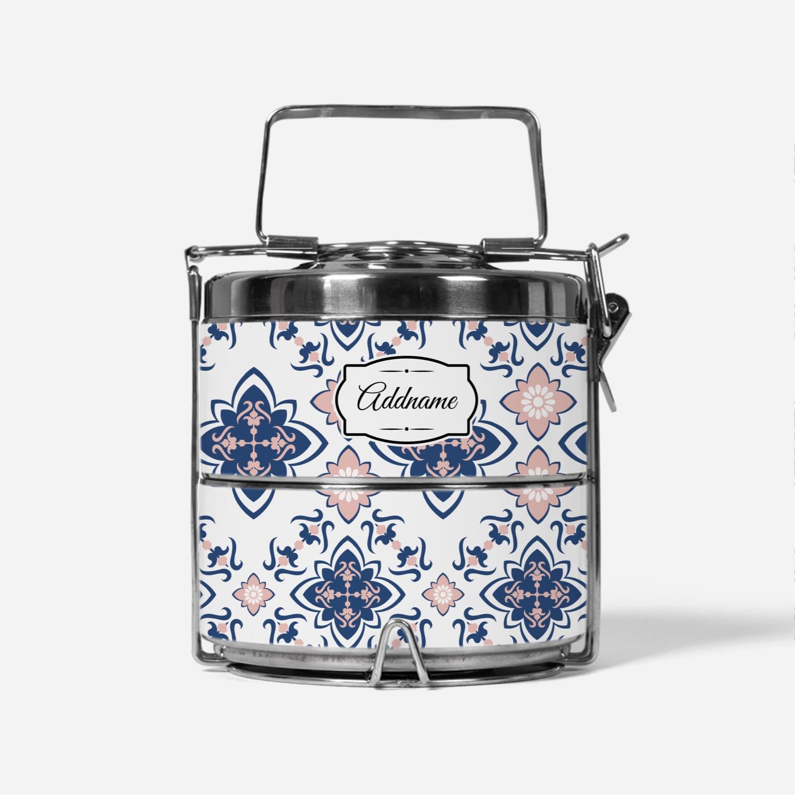 Peranakan Pink Blue Geometric Two Tier Tiffin Carrier