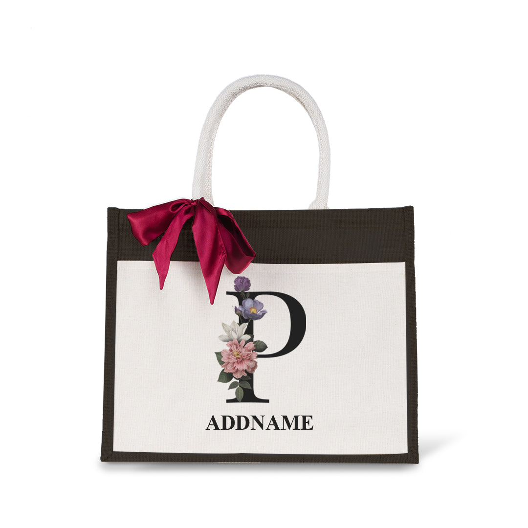 Myra Floral Series Black Jute Bag with Front Pocket