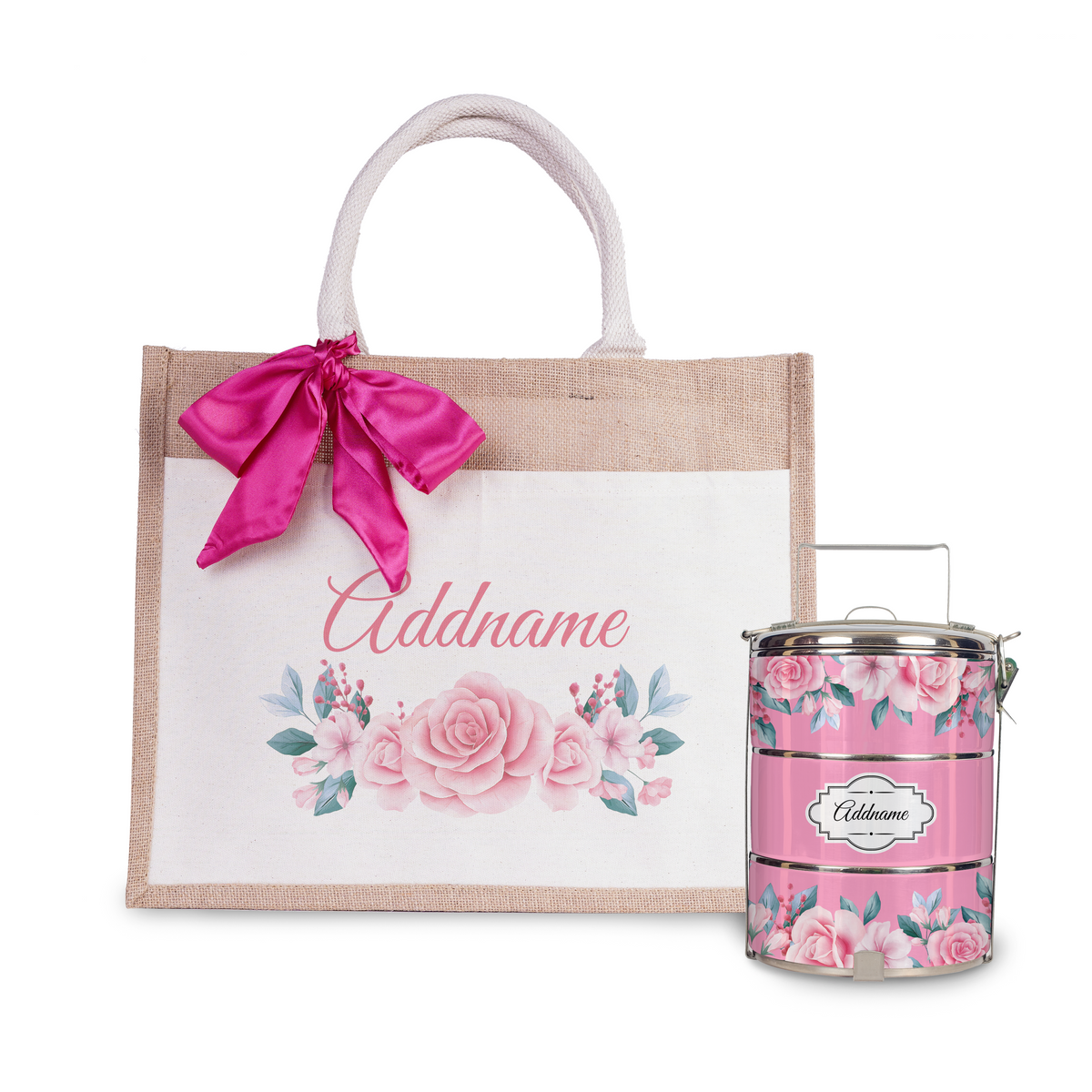 Pink Rose Tiffin Carrier and Jute Bag with Front Pocket Set