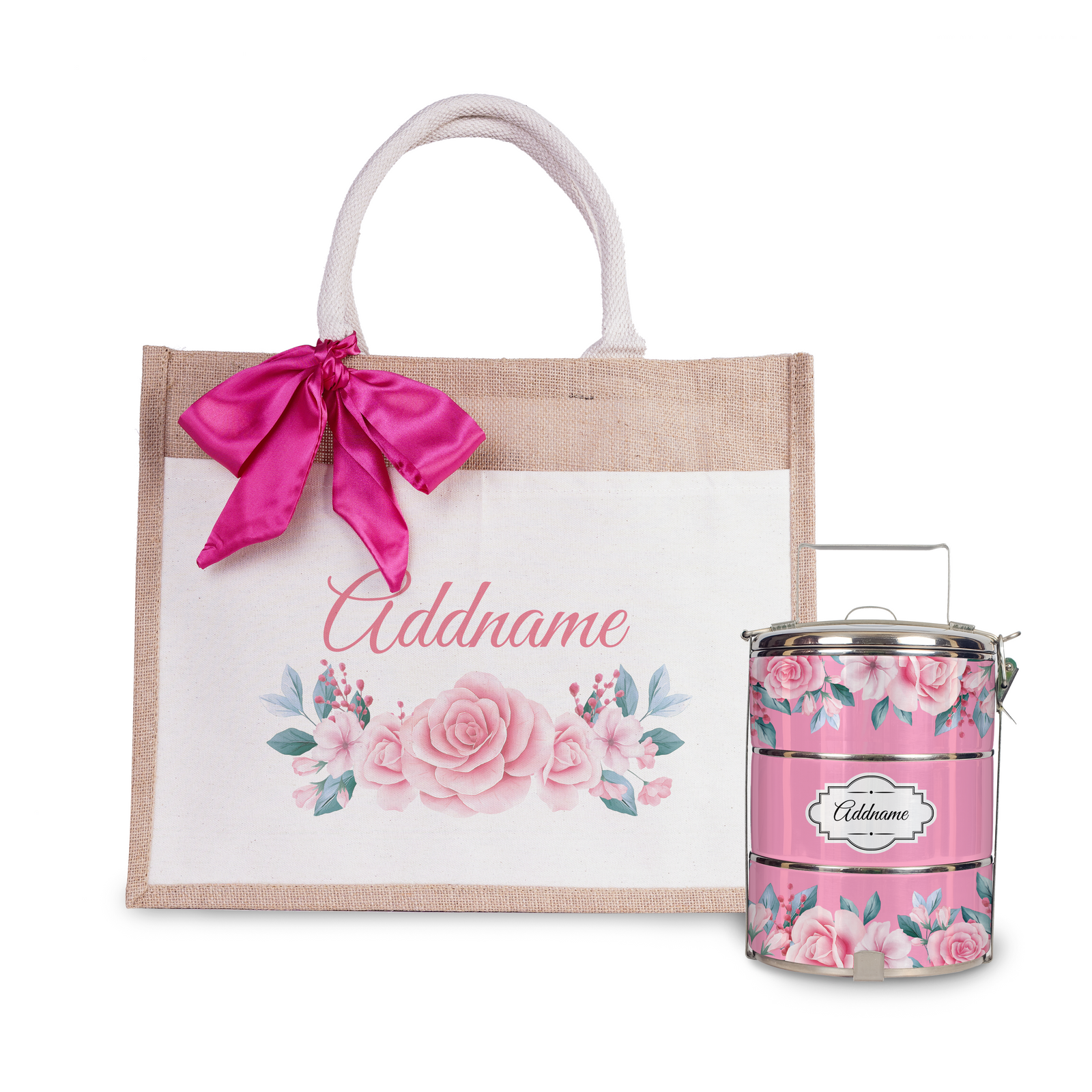 Pink Rose Tiffin Carrier and Jute Bag with Front Pocket Set