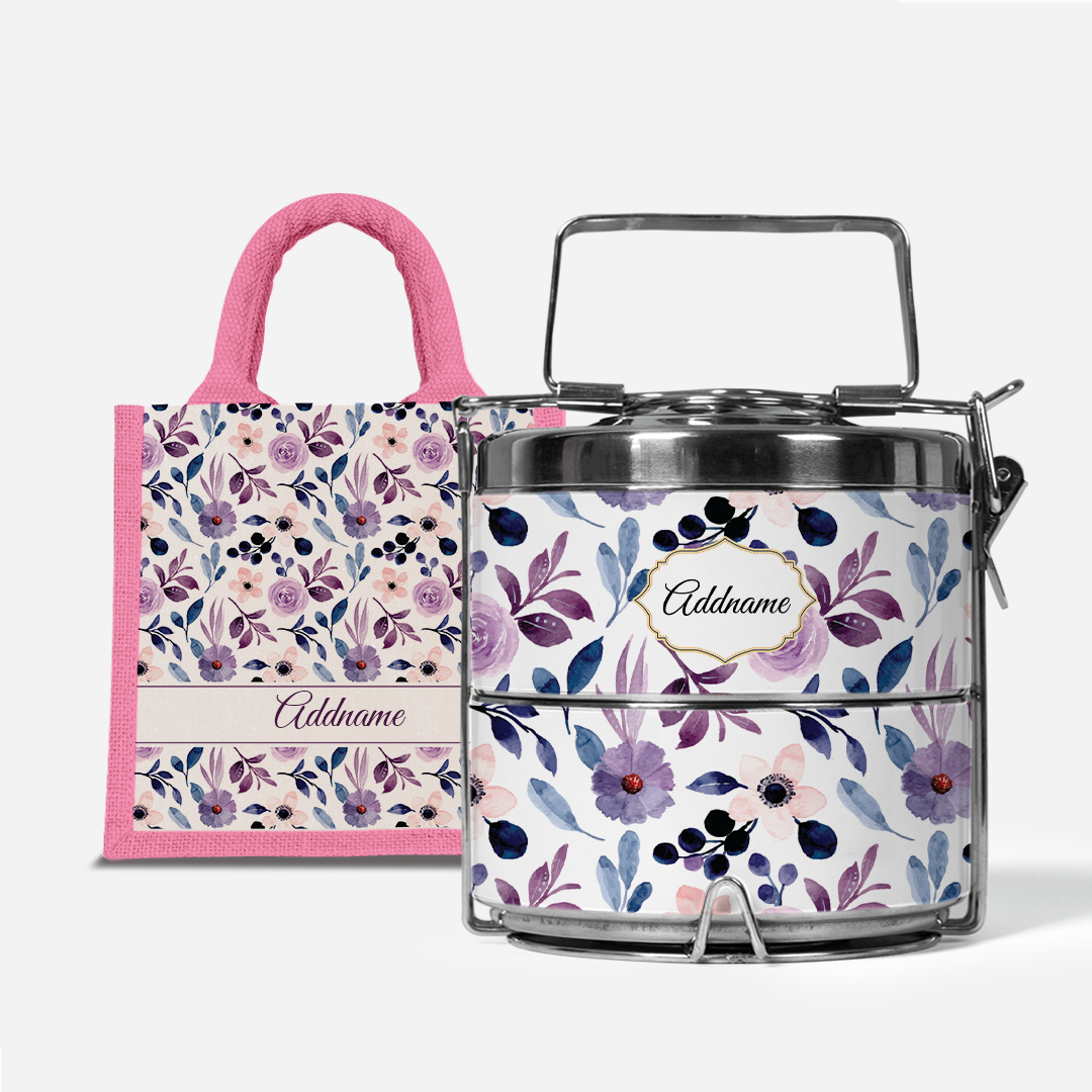 Laura Series - Violet - Lunch Tote Bag with Two-Tier Tiffin Carrier