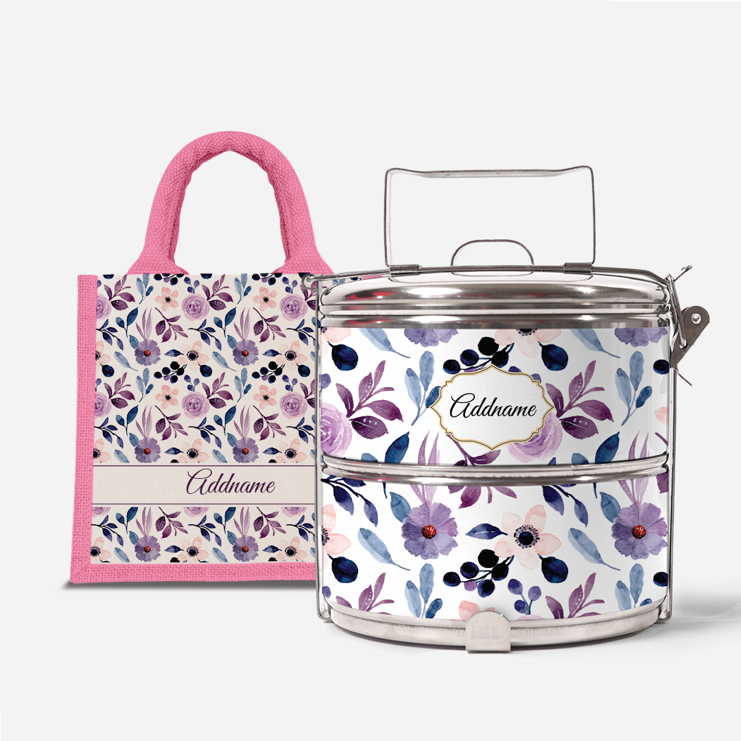Laura Series - Violet - Lunch Tote Bag with Two-Tier Tiffin Carrier