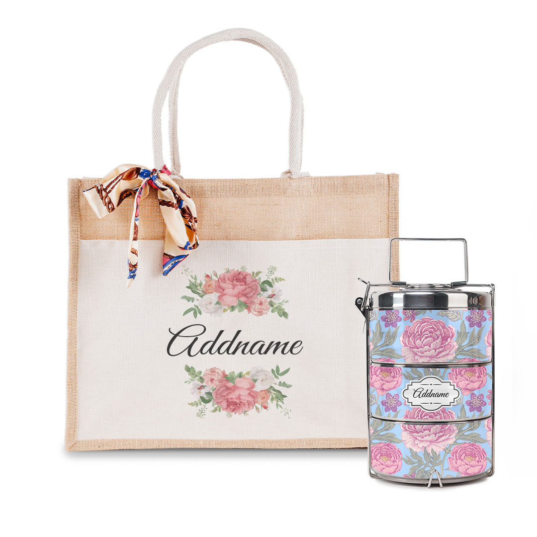 Peony Flower Tiffin Carrier and Jute Bag with Front Pocket Set
