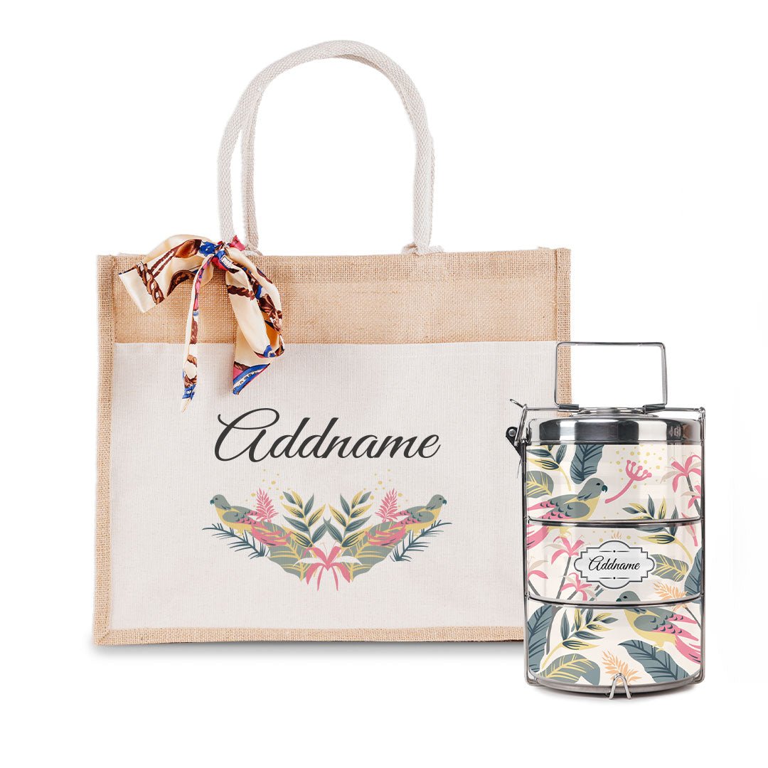 Tropical Bird Tiffin Carrier and Jute Bag with Front Pocket Set