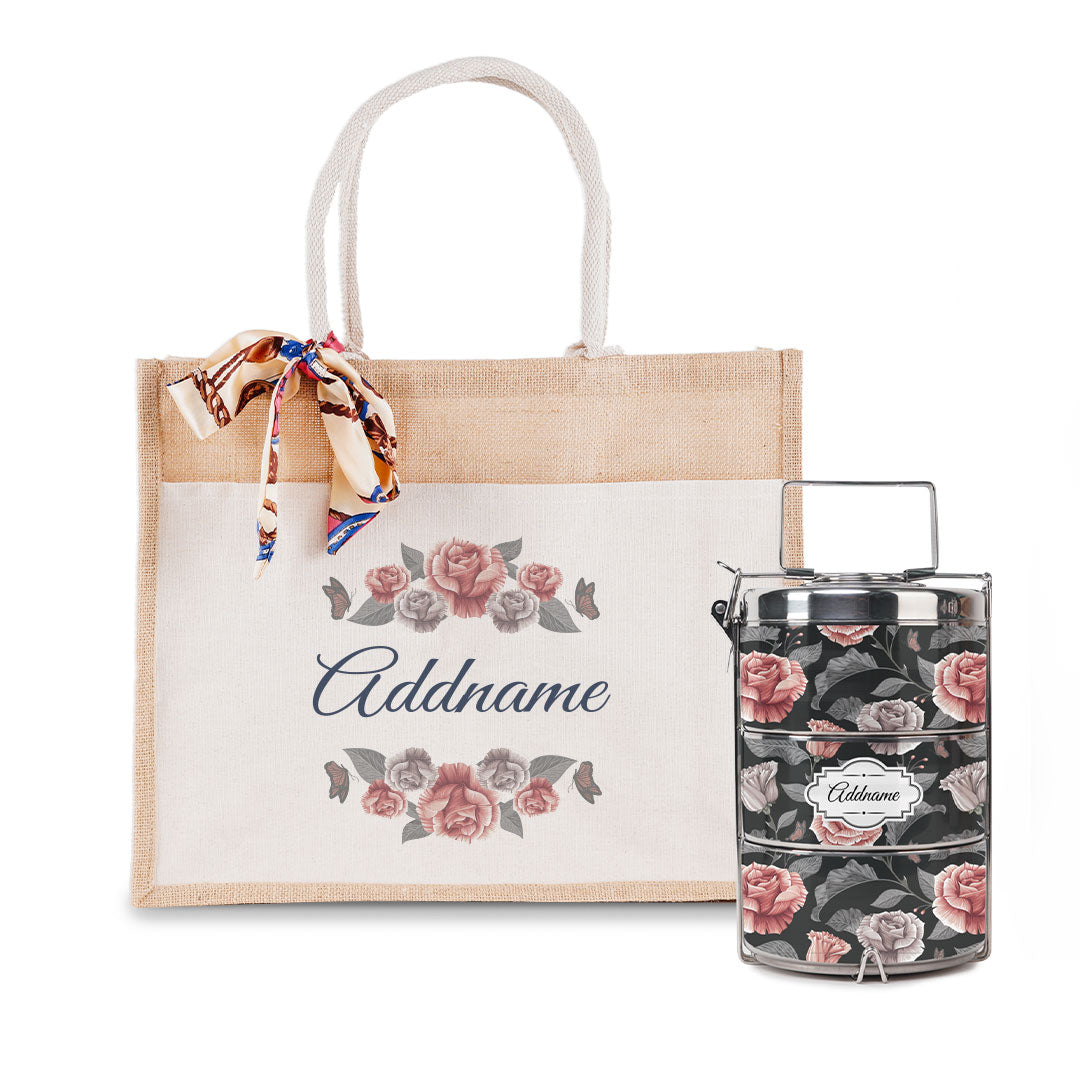 Rose Tiffin Carrier and Jute Bag with Front Pocket Set