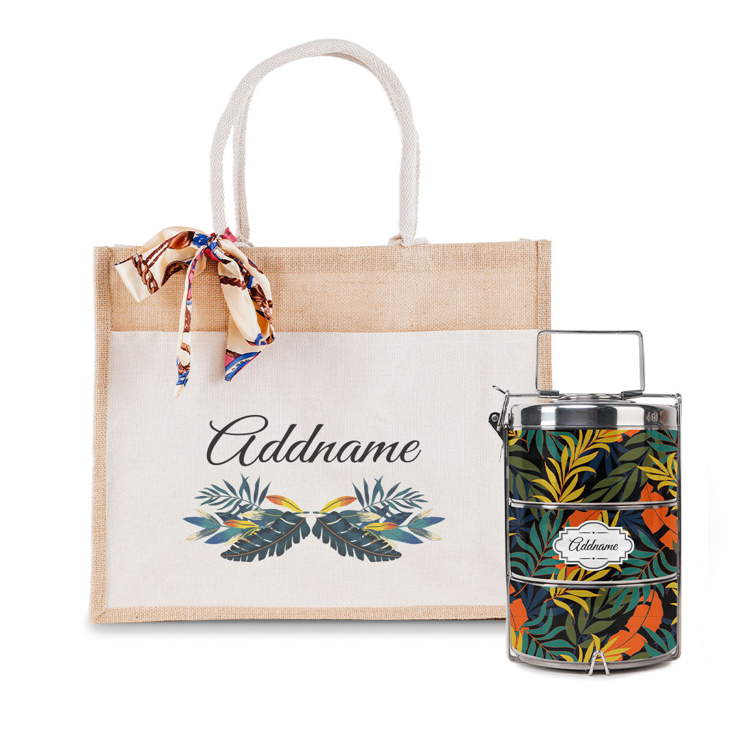 Colourful Leaves Tiffin Carrier and Jute Bag with Front Pocket Set