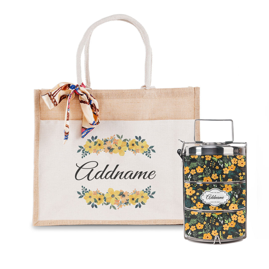 Yellow Windflower Tiffin Carrier and Jute Bag with Front Pocket Set