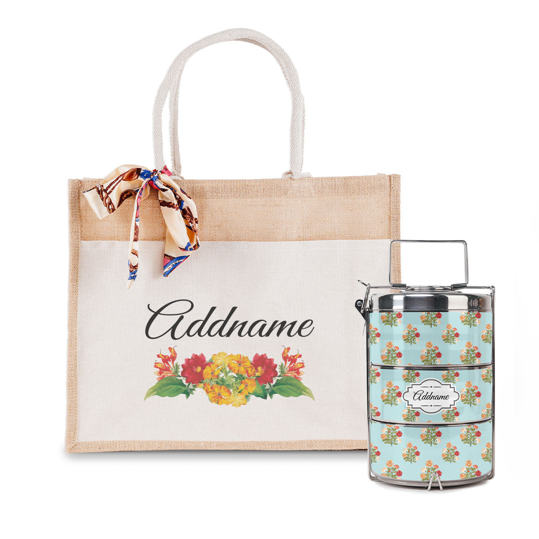 Retro Rose Bouquet Flower Tiffin Carrier and Jute Bag with Front Pocket Set