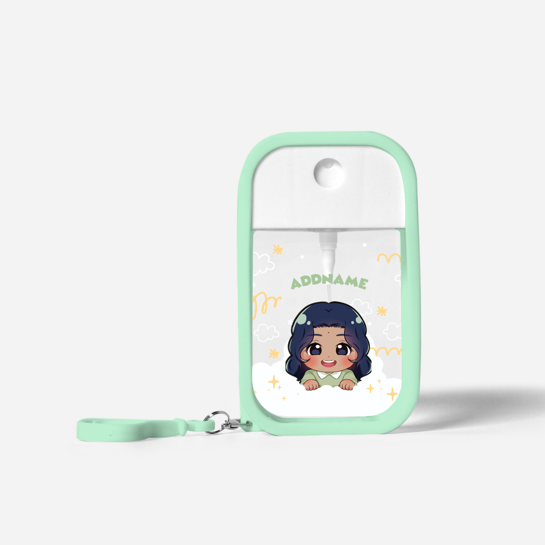 Chibi Me Series Refillable Hand Sanitizer with Personalisation - Indian Female Pale Green