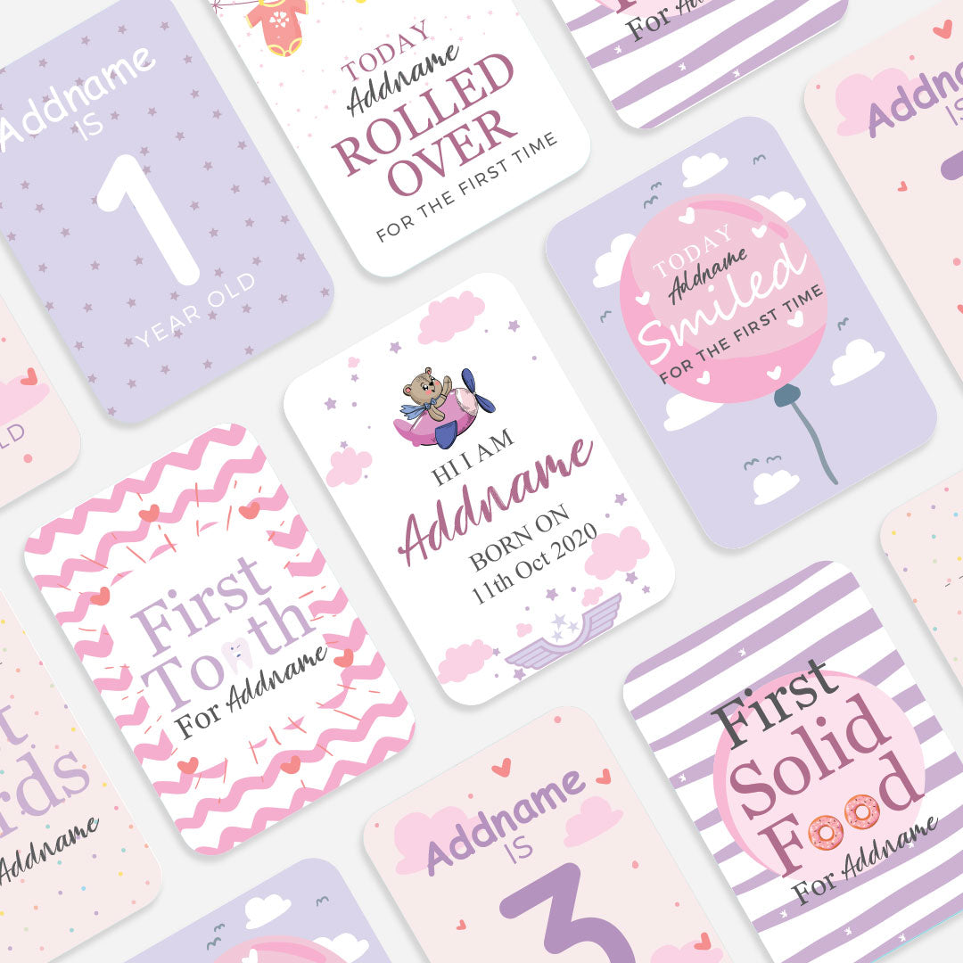Cute Bear Pilot Girl Personalised Baby Milestone Cards