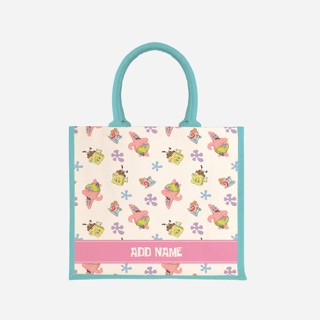 SpongeBob - Happy Walking Pattern Personalized Half Lining Jute Bag