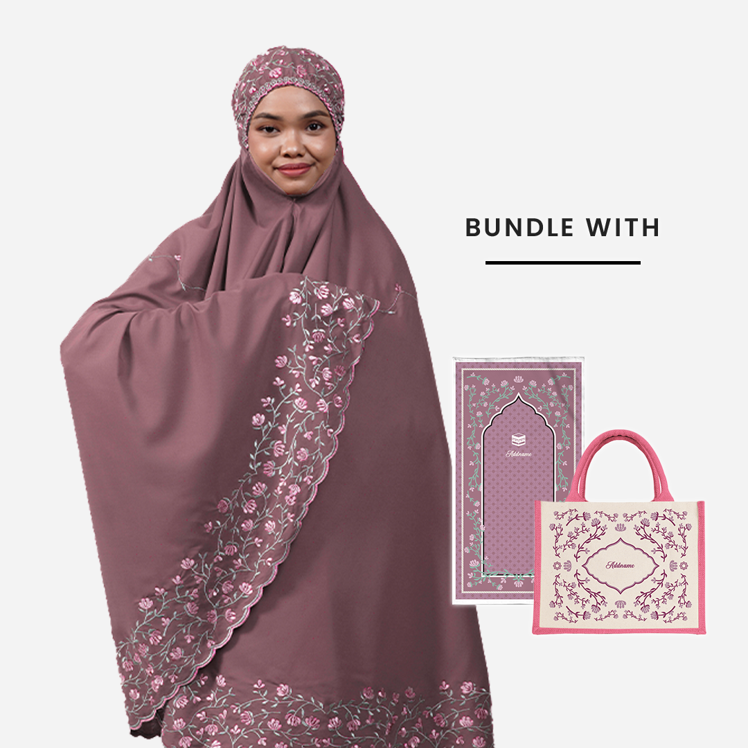 Dang Anum Series - Ancient Dusty Pink Telekung with Prayer Mat and Half Lining Small Jute Bag