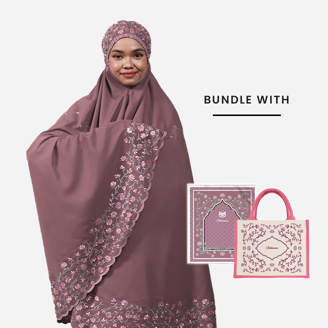Dang Anum Series - Ancient Dusty Pink Telekung with Prayer Mat and Half Lining Small Jute Bag