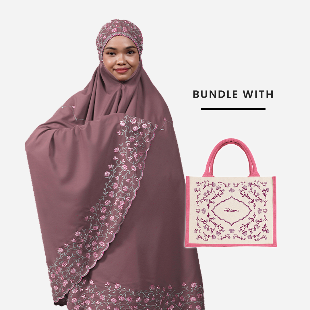 Dang Anum Series - Ancient Dusty Pink Telekung with Half Lining Small Jute Bag