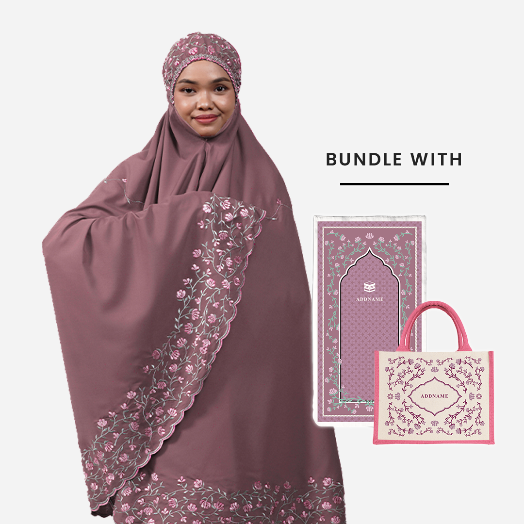 Dang Anum Series - Ancient Dusty Pink Telekung with Prayer Mat and Half Lining Small Jute Bag