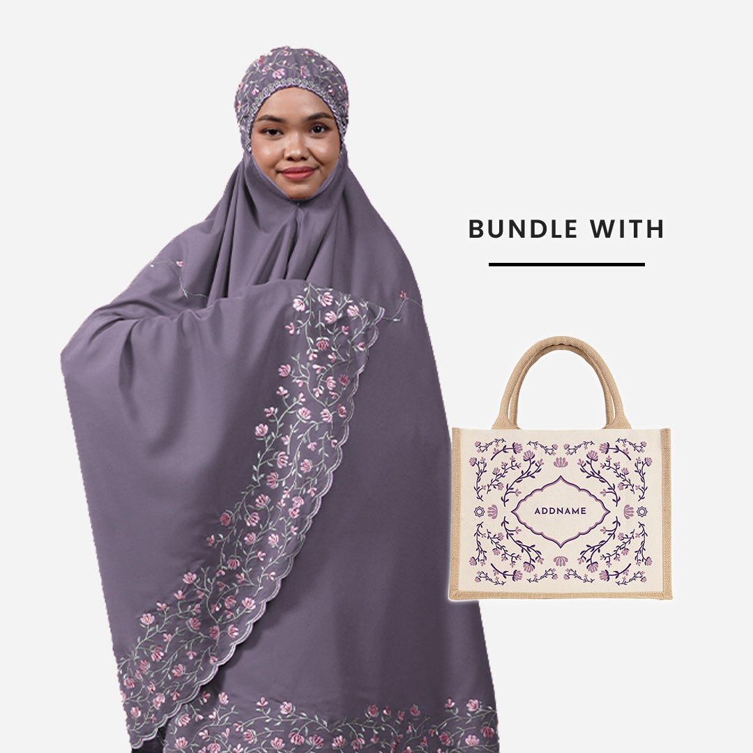 Dang Anum Series - Ancient Purple Telekung with Half Lining Small Jute Bag