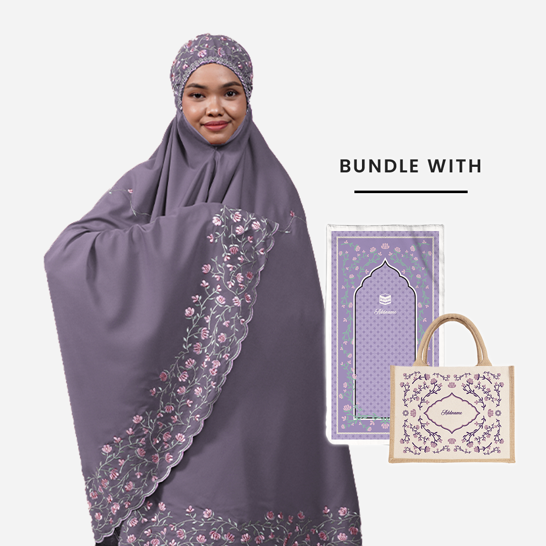 Dang Anum Series - Ancient Purple Telekung with Prayer Mat and Half Lining Small Jute Bag