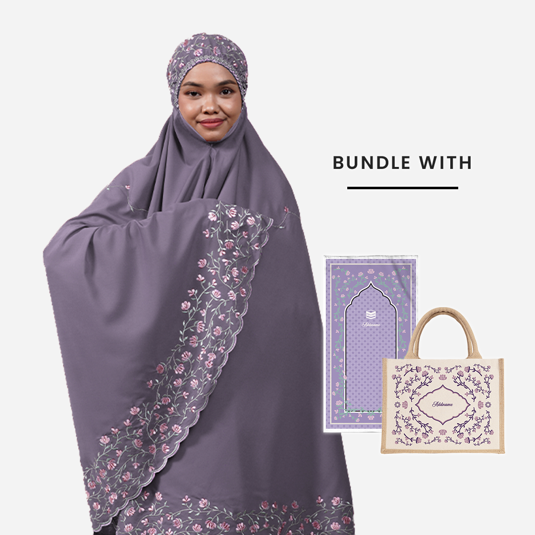 Dang Anum Series - Ancient Purple Telekung with Prayer Mat and Half Lining Small Jute Bag